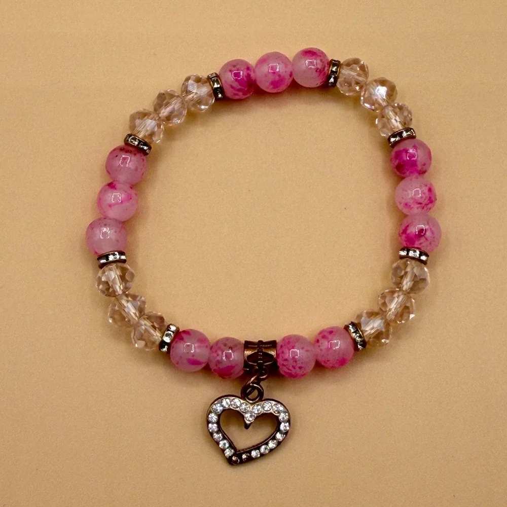 Pink Crystal Beaded Heart Charm Stretch Bracelet Romantic Coquette Statement